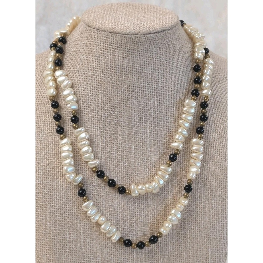 Long Faux‎ Pearl Black Bead Necklace Layered Boho Vintage Inspired Strand
